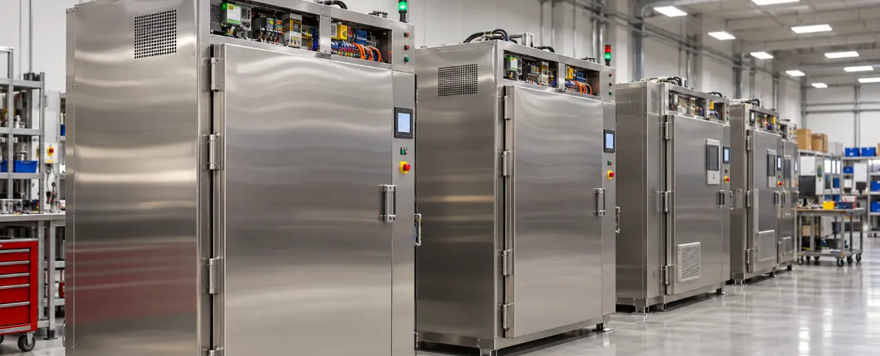 Industrial microwave processing equipment in a production facility