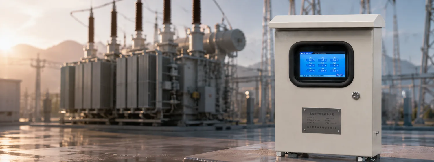 Power transformer monitored with fiber optic temperature sensing