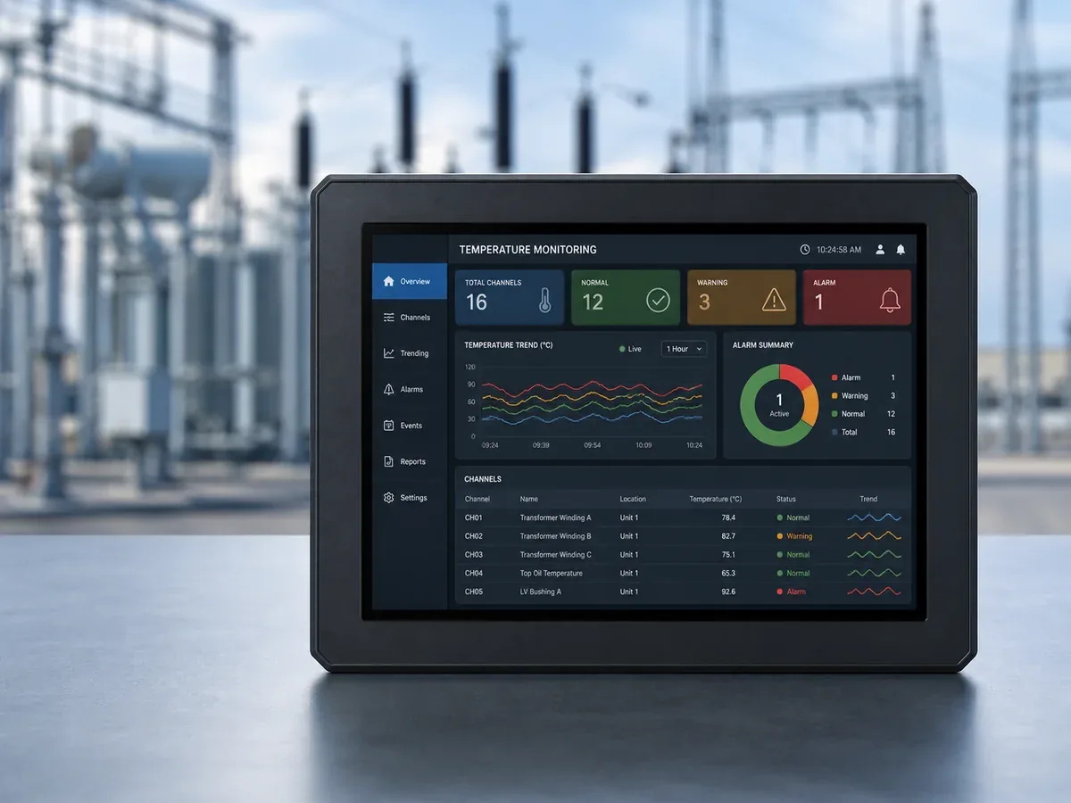 Front-facing industrial smart display with a softly blurred electrical substation background