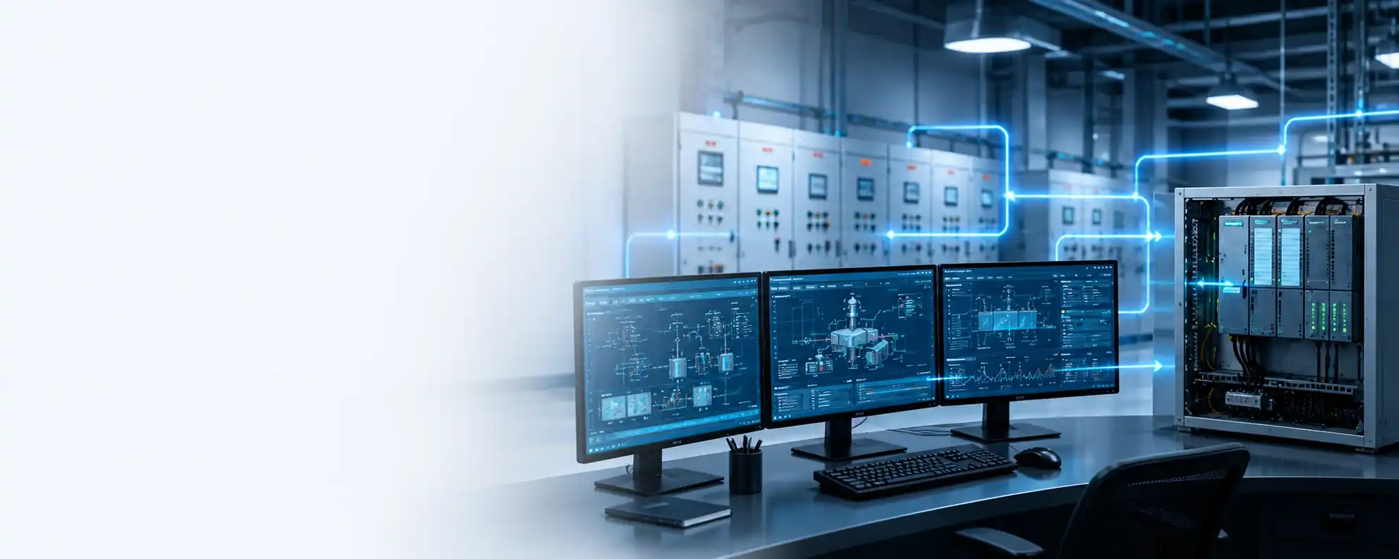 Industrial control room with PLC and SCADA monitoring displays